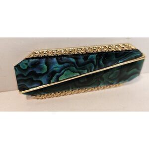 Gold Tone Butler Pin | Brooch Abalone Bar Teal Swirl Color